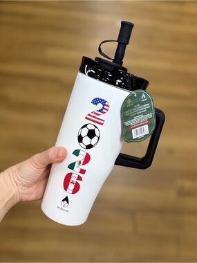 White Sports Travel Mug with Black Lid & Handle - Soccer Graphic